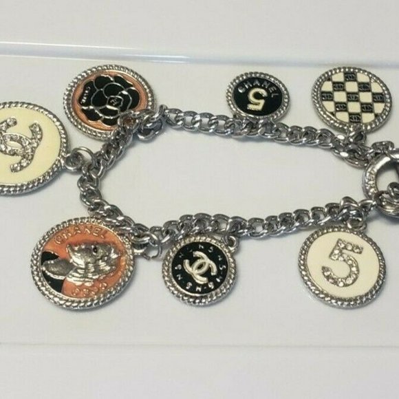 CHANEL Jewelry - CHANEL ~ Vintage 90's Coco Chanel #5 CC Logo Rhinestone Charm Bracelet